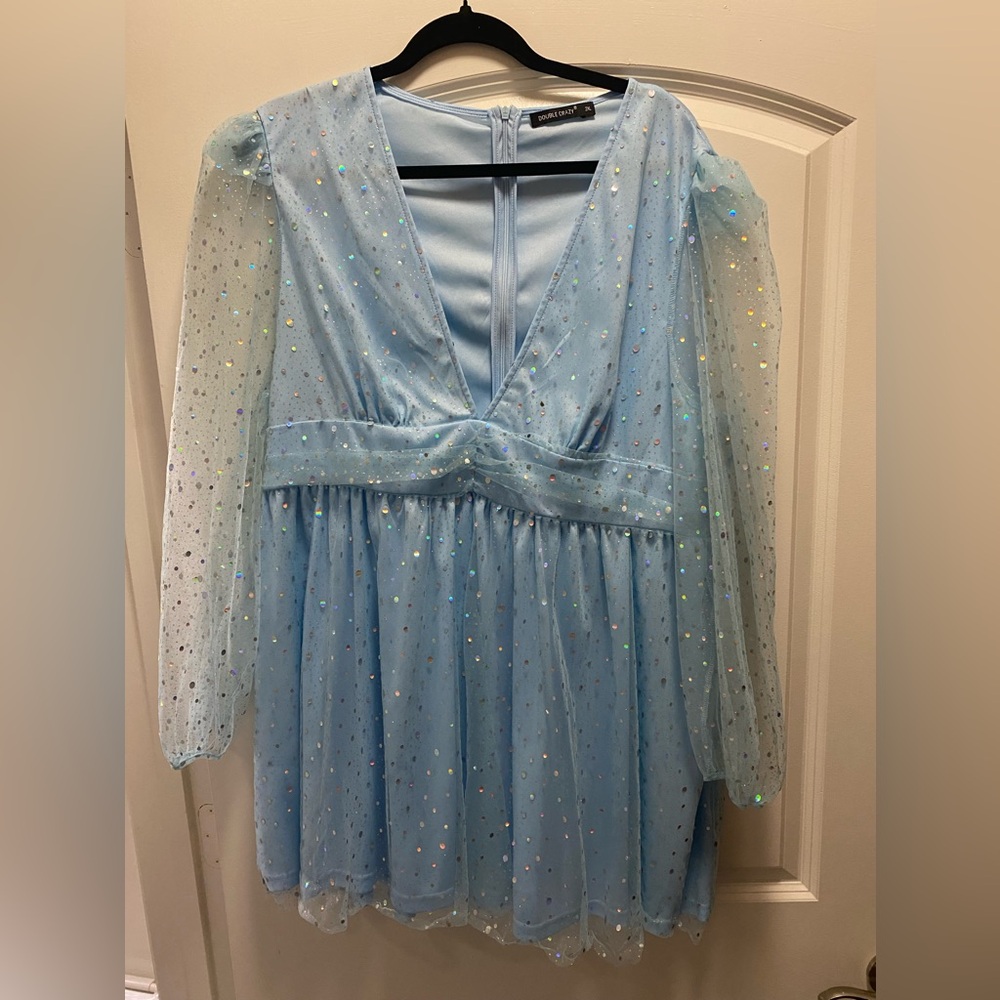 Blue Sequin Embellished Mini Dress with Plunge Neckline